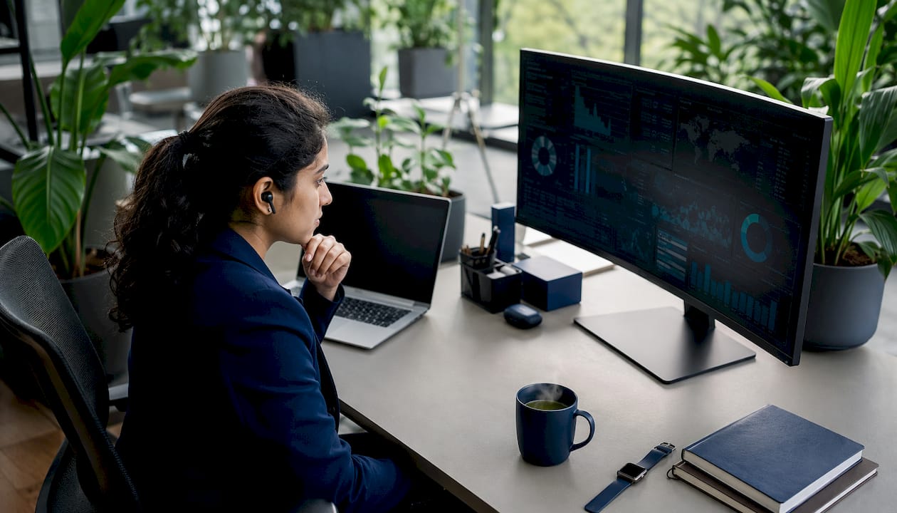Cybersecurity analyst working at multi-screen station