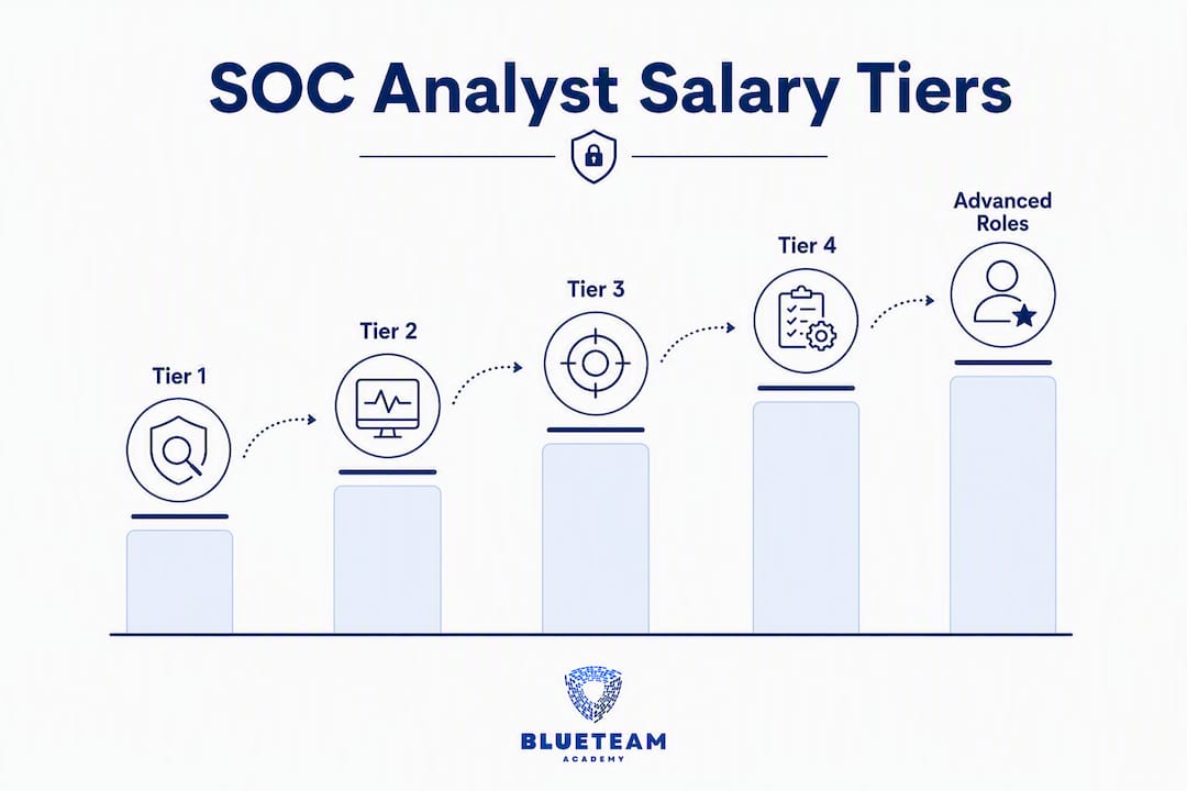 Infographic showing SOC analyst salary tiers hierarchy