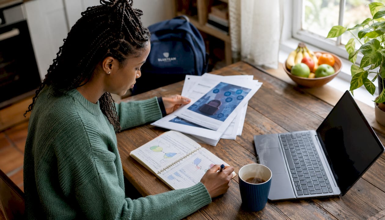 Woman studying cybersecurity at home desk