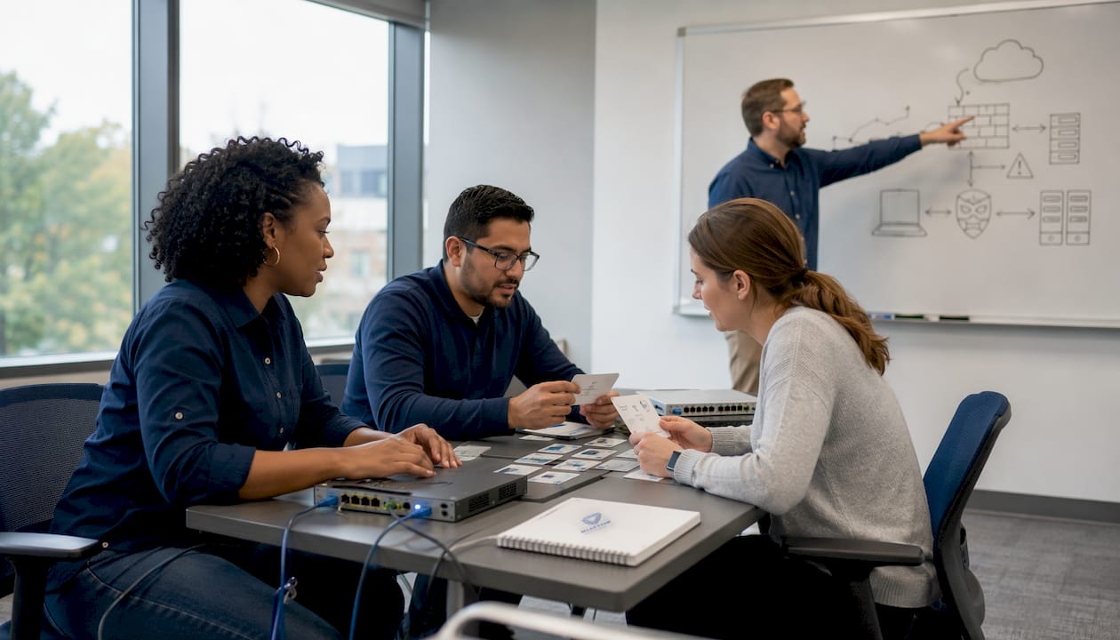Professionals collaborating on cybersecurity training