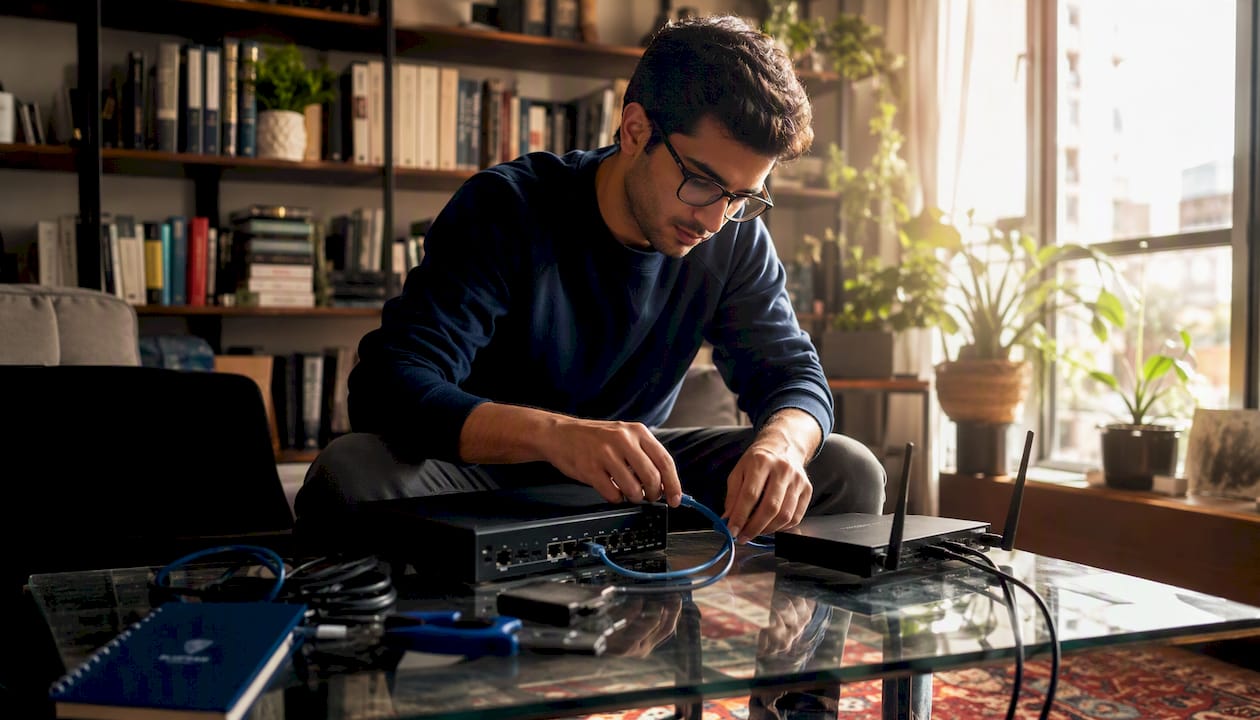 Person setting up SOC home lab hardware