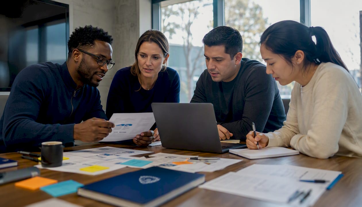 Diverse SOC team collaborating around conference table