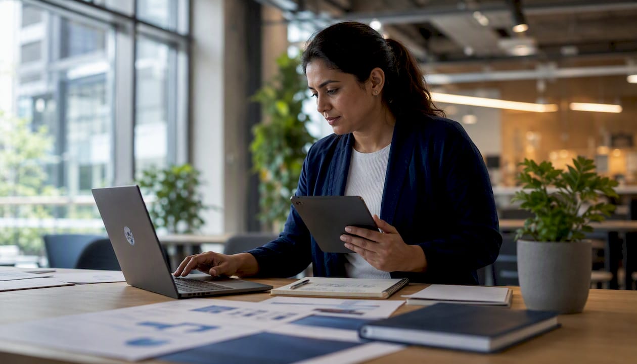 SOC analyst working at dual monitors in operations center