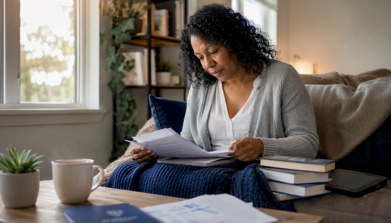 Woman studying cybersecurity certification at home desk