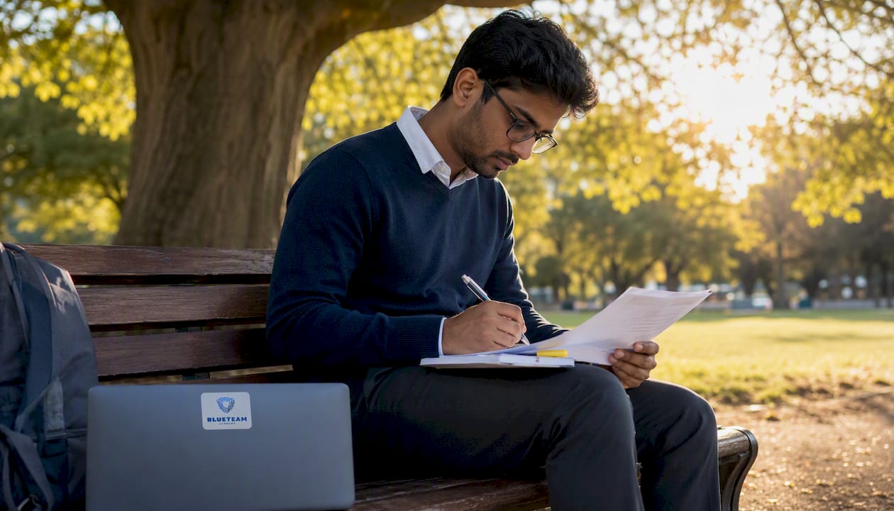 Man preparing Security+ exam in coworking space