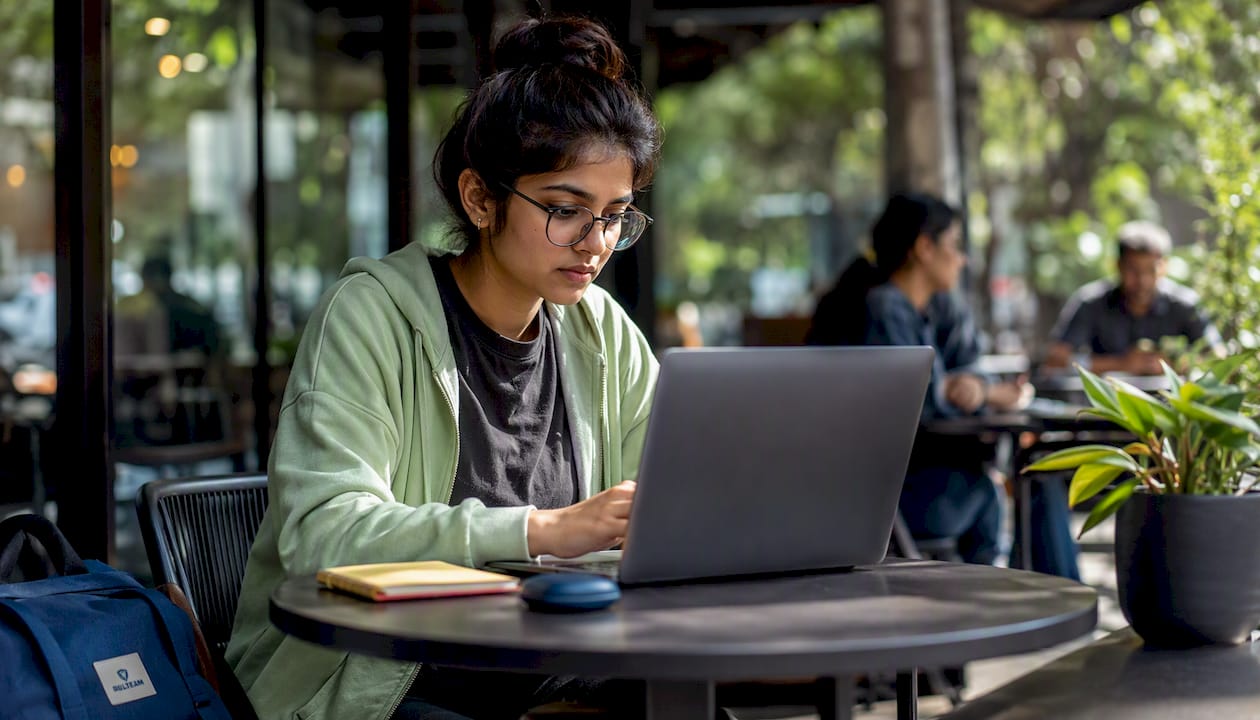 Woman engaging with online cybersecurity platform on laptop