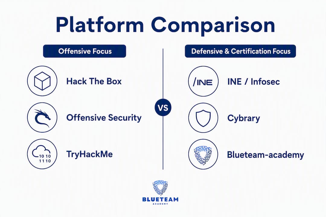 Infographic comparing offensive and defensive cybersecurity platforms