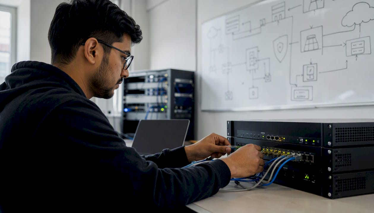 Hands connecting network cables in cybersecurity lab