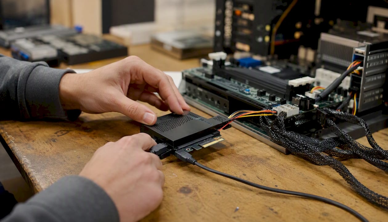 Hands handling forensic hardware tools