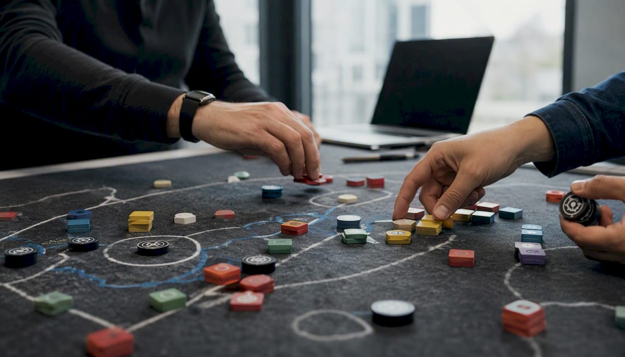 Hands moving tokens on cyber incident tabletop map