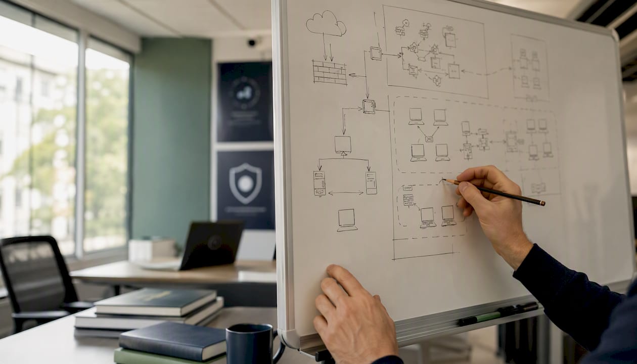 Hands sketching network security diagram