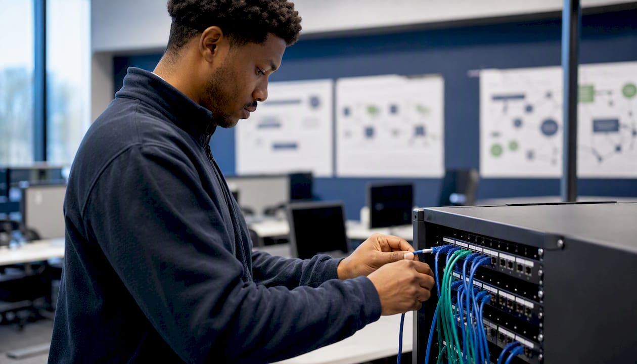 Hands connecting network cable in server room