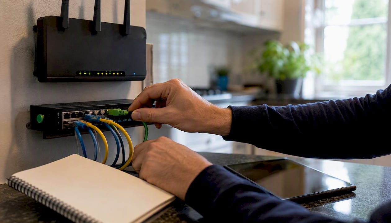 Hands connecting network cables in home lab