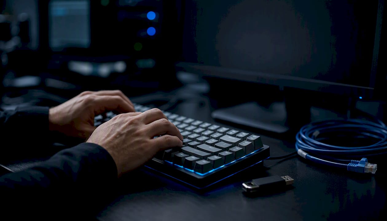 Hands typing Linux commands on keyboard