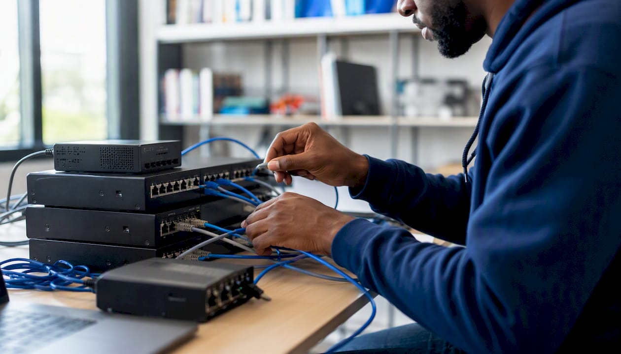 Hands connecting network cables in cybersecurity lab