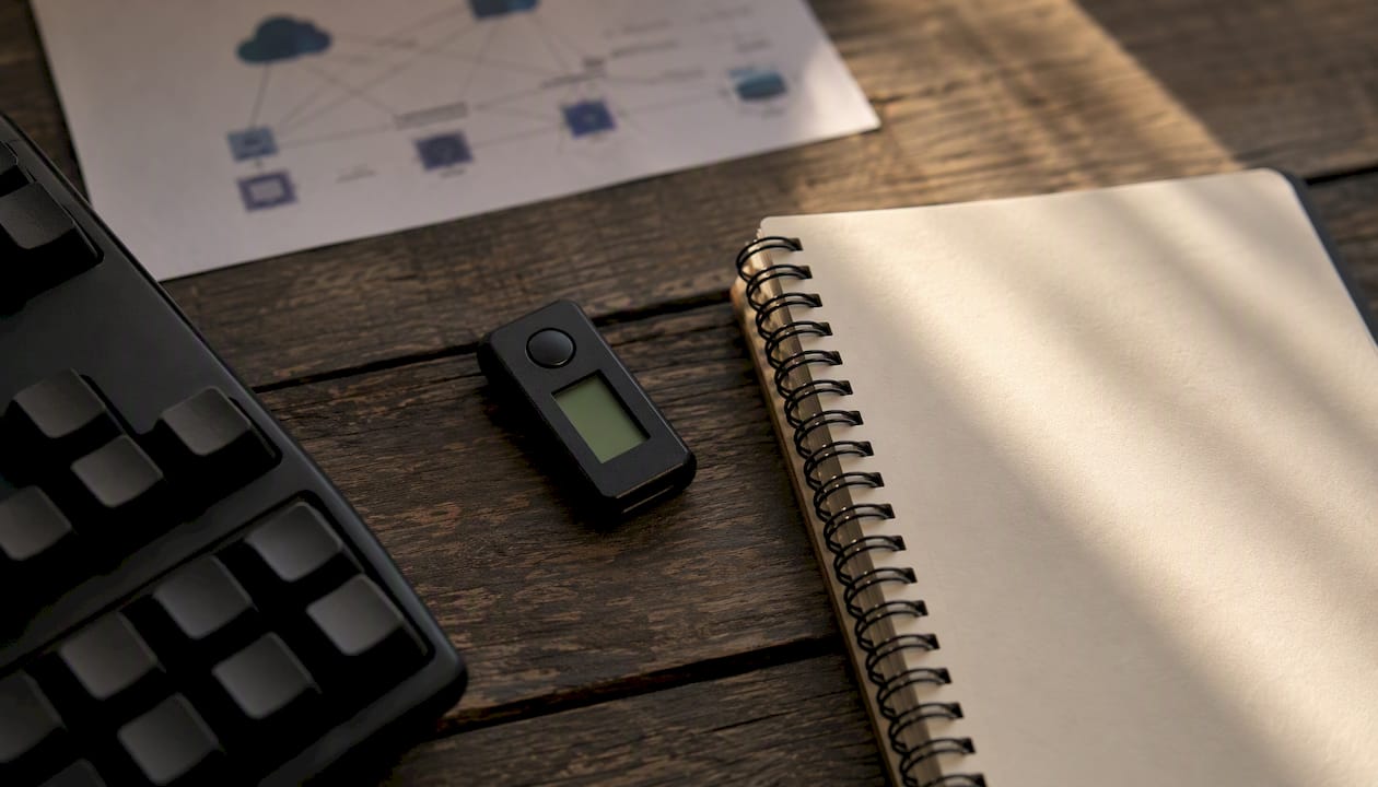 Cybersecurity study tools and materials flat lay
