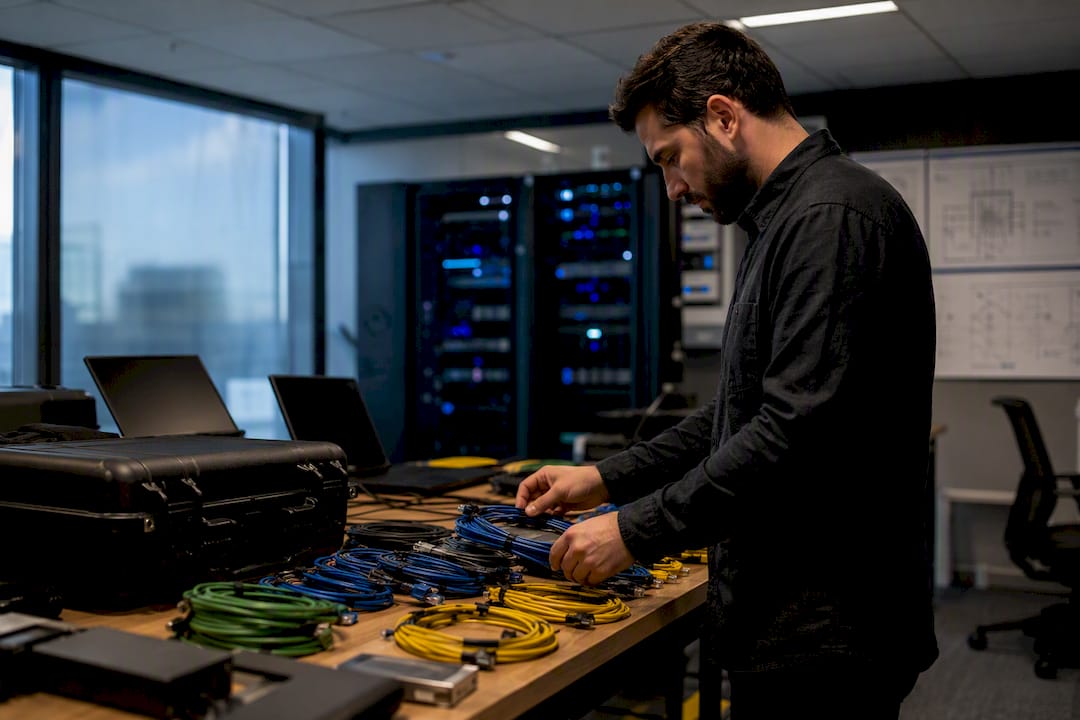 Hands connecting network cables during incident response