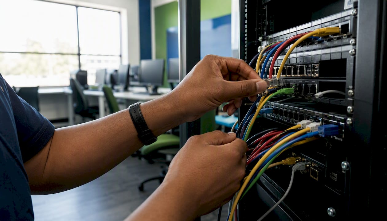 Hands managing patch panel cables