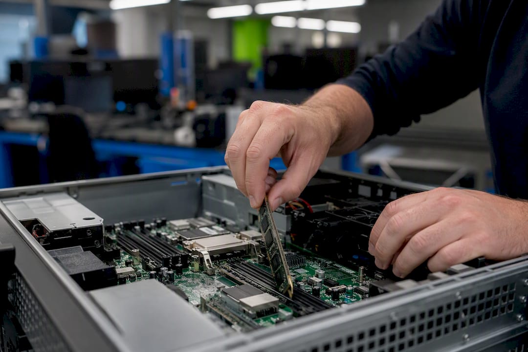 Hands inserting memory capture tool into server