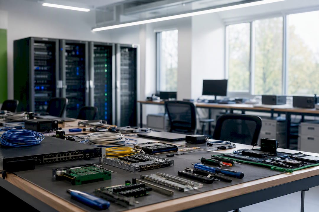 Cybersecurity training classroom with tech tools