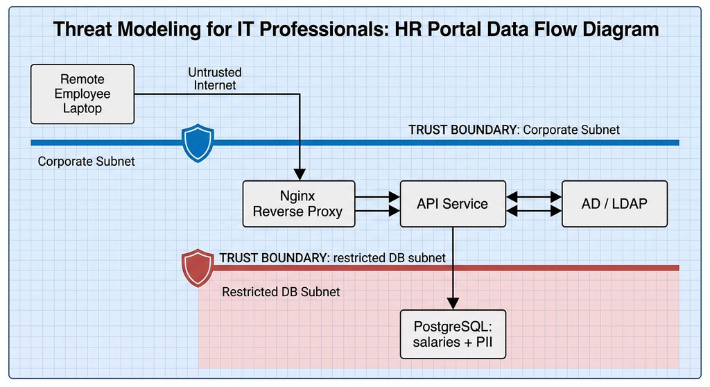 Threat modeling for IT professionals: HR portal data flow diagram showing trust boundaries between internet, corporate subnet, and database subnet